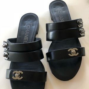 Chanel black leather logo sandals